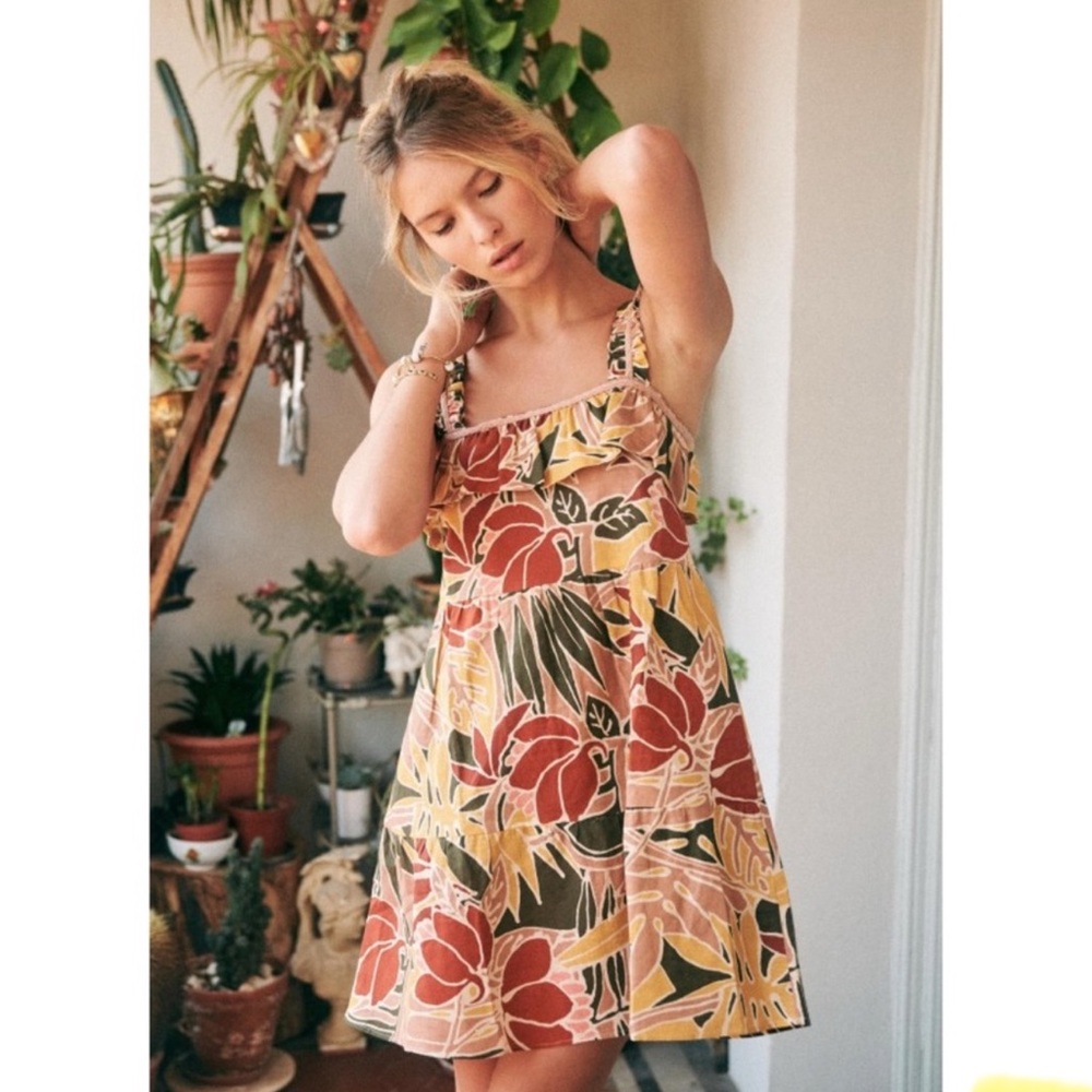 Sezane Floral Mini Dress in Mustard, Rust & Olive